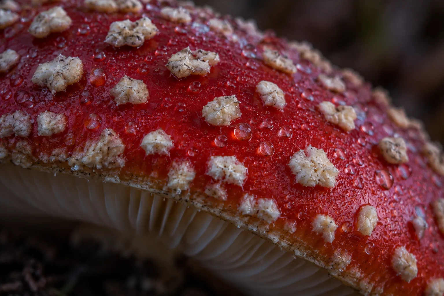 Close-up of the red cap surface with white wart fragments (generated illustration)