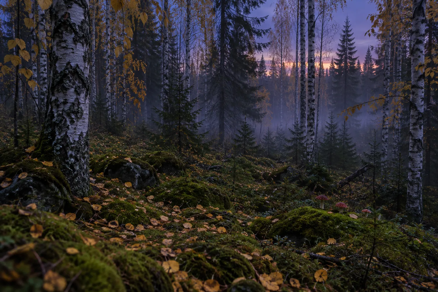 Birch and spruce forest at dusk with mist between the trunks (generated illustration)