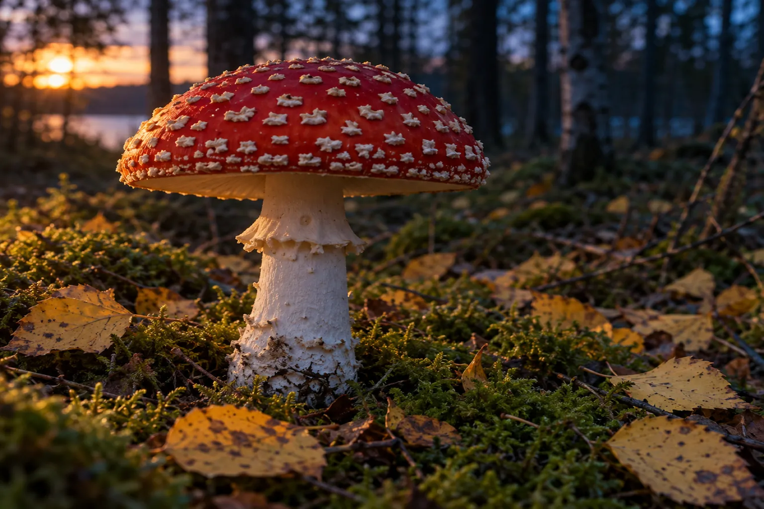 A single fly agaric with a red cap and white flecks in moss (generated illustration)